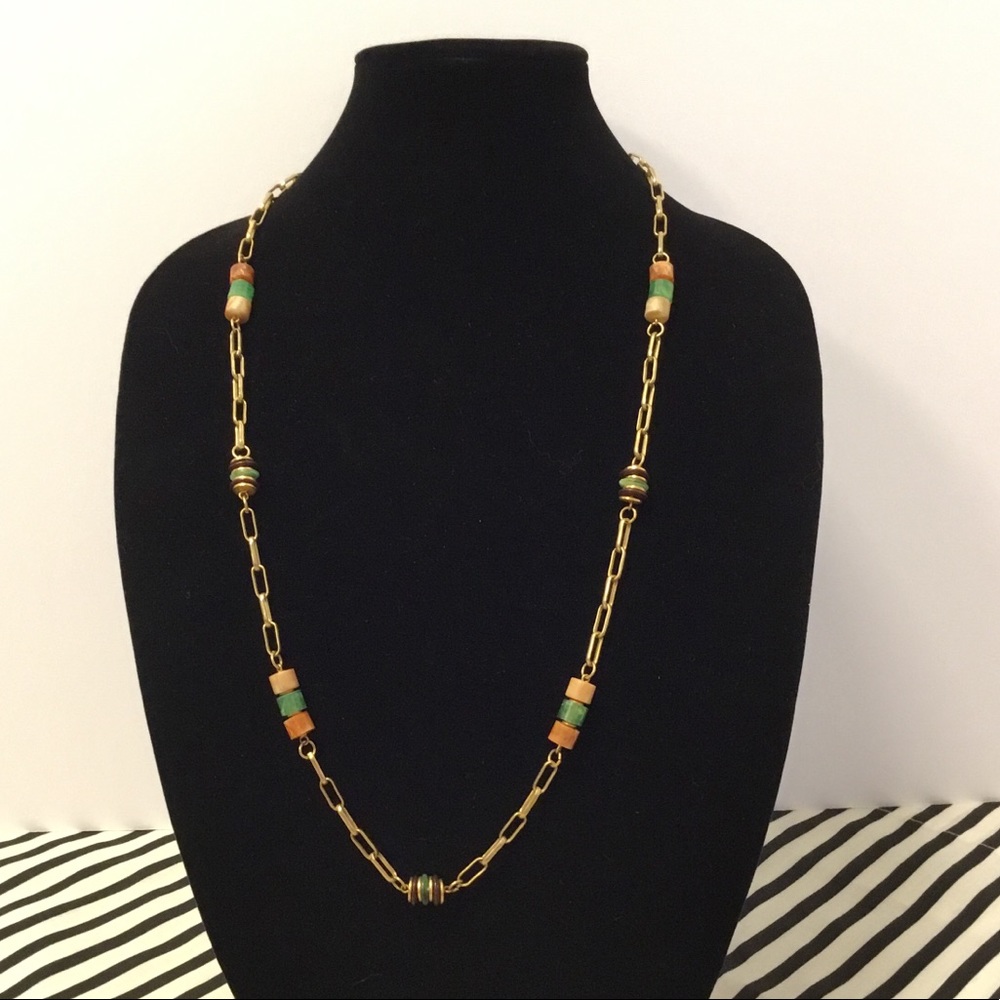 Gold Tone Chain Necklace w/ Cylindrical Beads